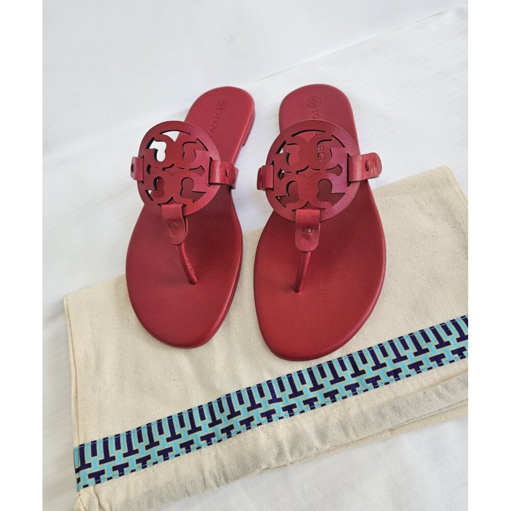 TORY BURCH sz 7.5 Torry Red Soft Calf Leather Miller Flat Sandals NIB + Dust Bag